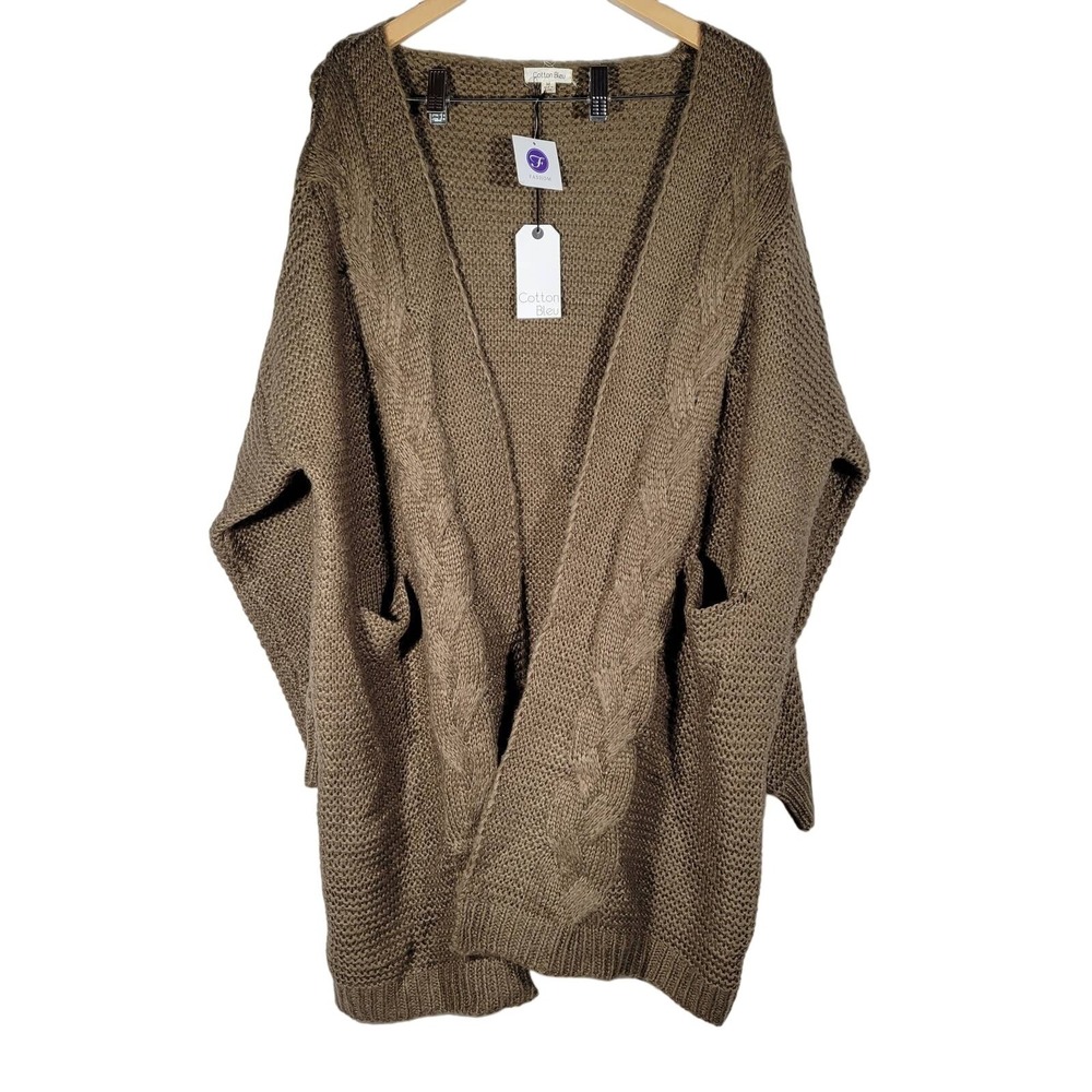 Cotton Bleu Mocha Cable Knit Cardigan Sweater Long Sleeve Open Front Pockets M